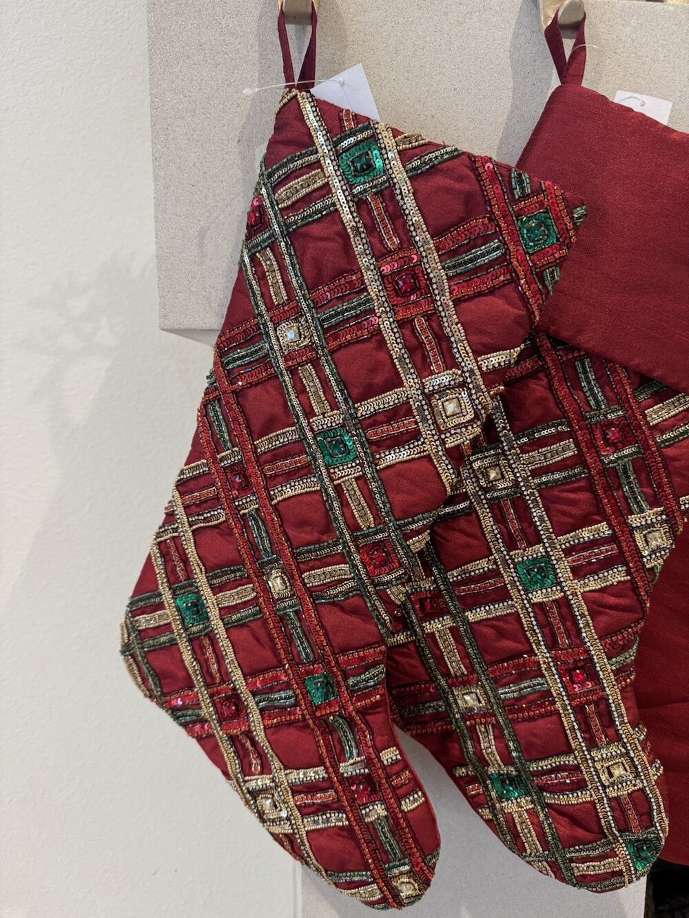 New Neiman Marcus Classic Christmas Tartan Plaid Stocking Sequin